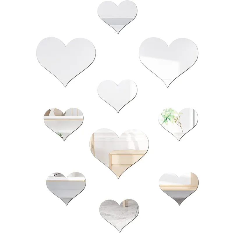 10-pack 3D Acrylic Heart Mirrors Sticker Mirror Surface Heart Wall Sticker Art Wall Sticker Decal for Living Room Bedroom Home Decor Supplies Silver