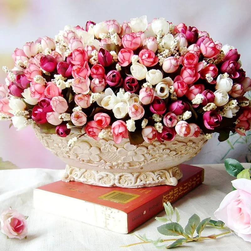 1 Bündel / 5 Bündel Mini-künstliche Rosenblumen gefälschte Rosenknospen-Blumensträuße Blumenhandwerk für Party, Hochzeit, Valentinstag, Heimdekoration weiß big image 1