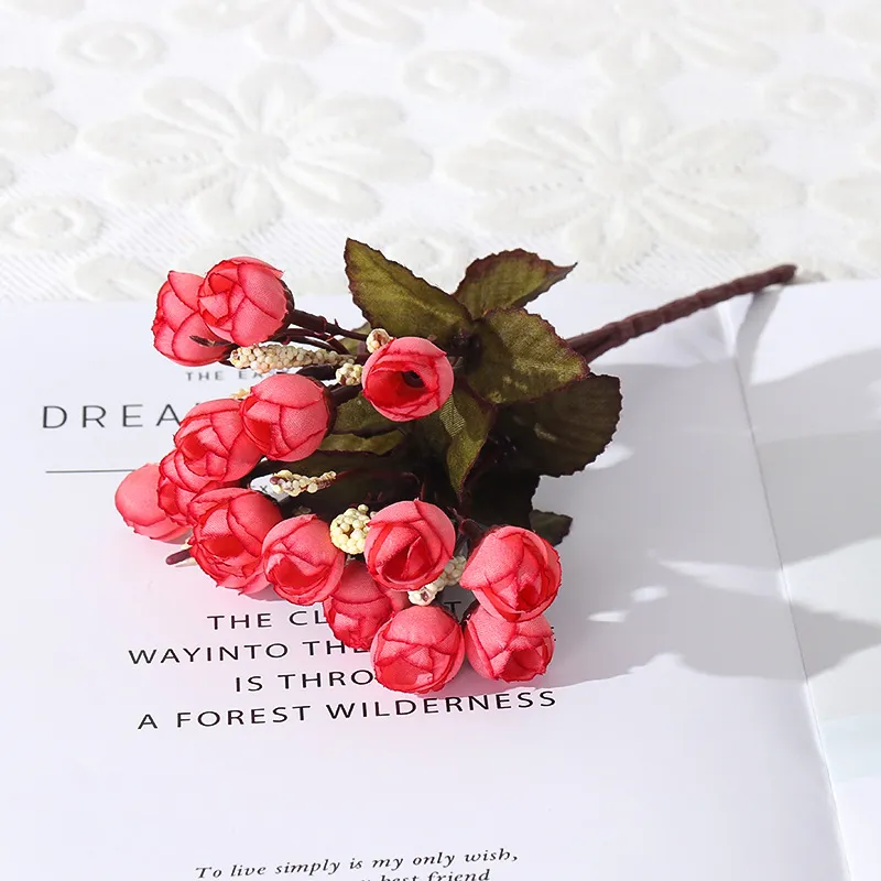 1 Bündel / 5 Bündel Mini-künstliche Rosenblumen gefälschte Rosenknospen-Blumensträuße Blumenhandwerk für Party, Hochzeit, Valentinstag, Heimdekoration rosa big image 1