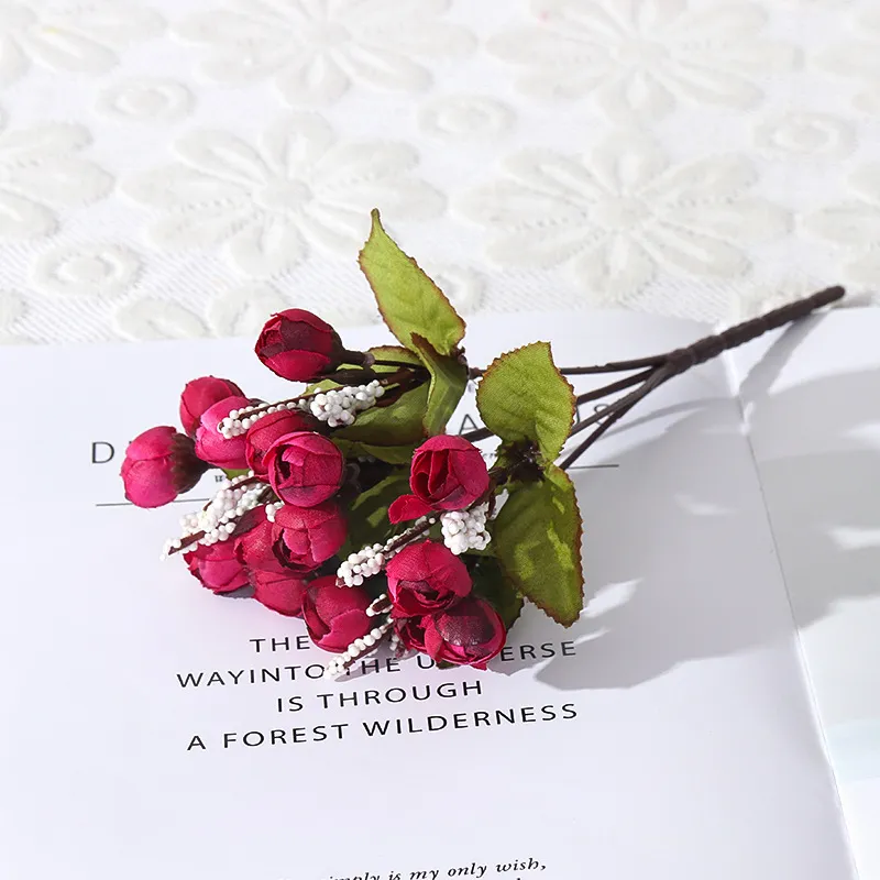 1 bouquet/5 bouquets mini fleurs de rose artificielles faux bouquets de boutons de rose fleurs artisanat pour fête mariage saint valentin décor à la maison Bordeaux big image 1