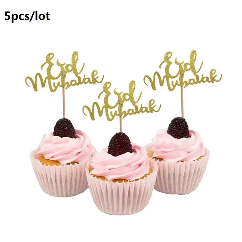 5-pack Glitter Eid Mubarak Cake Topper for Eid Mubarak Baking Cake Fruit Decoration Islamic Party Decoration Gold