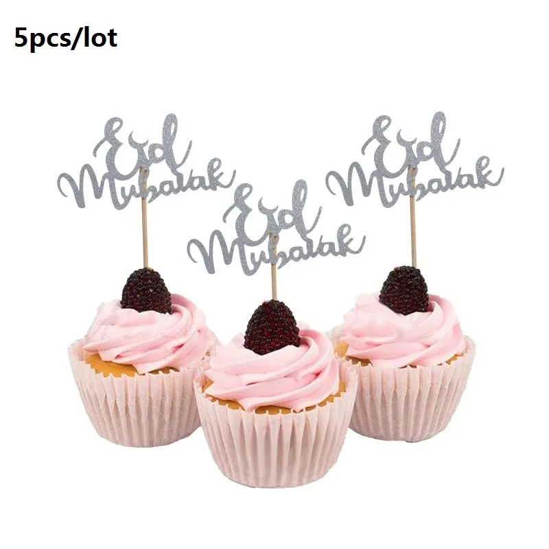 5-pack Glitter Eid Mubarak Cake Topper for Eid Mubarak Baking Cake Fruit Decoration Islamic Party Decoration Silver