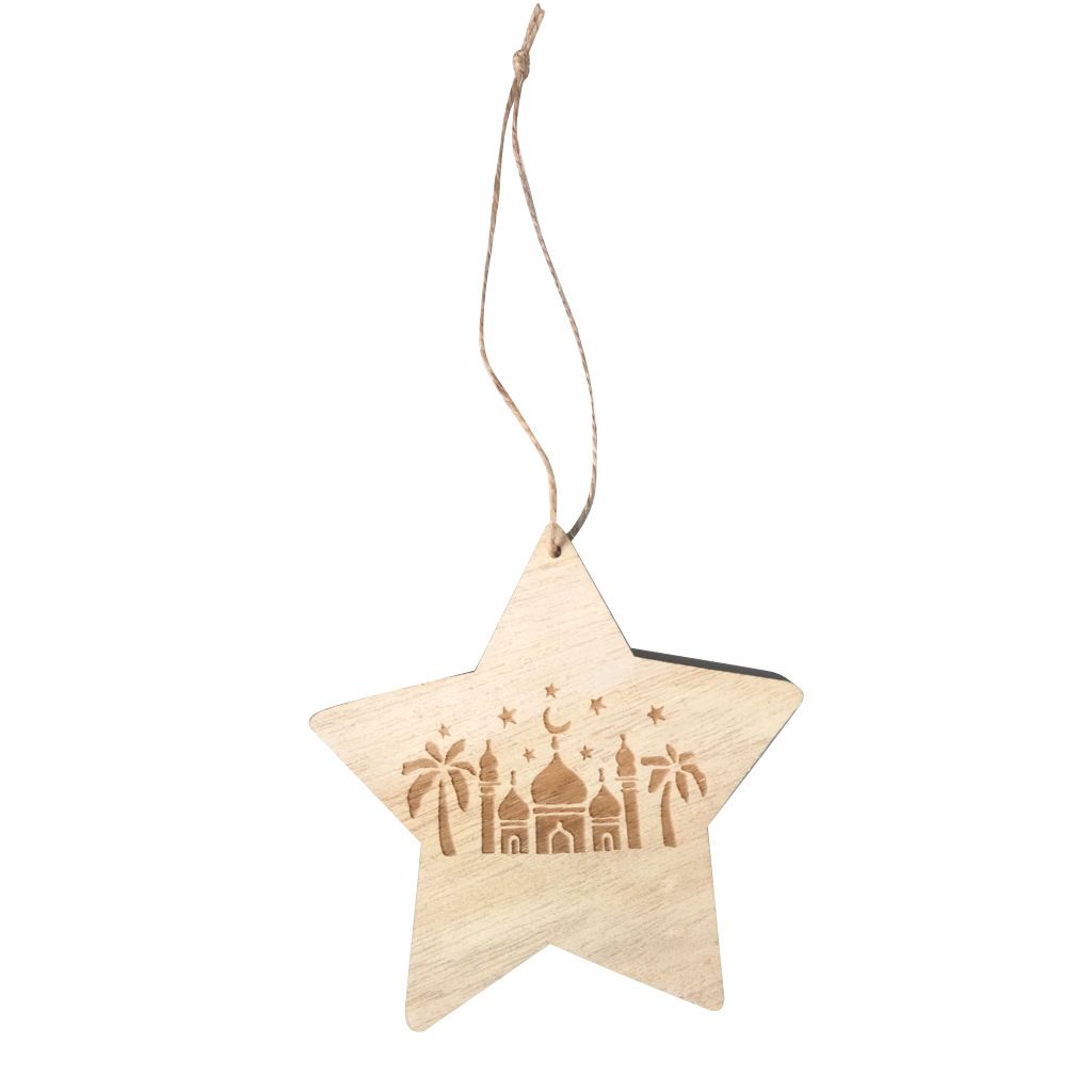 Creative Wooden Stars Carving Pattern Ornament Hanging Pendant for Eid Mubarak Party Supplies Home D