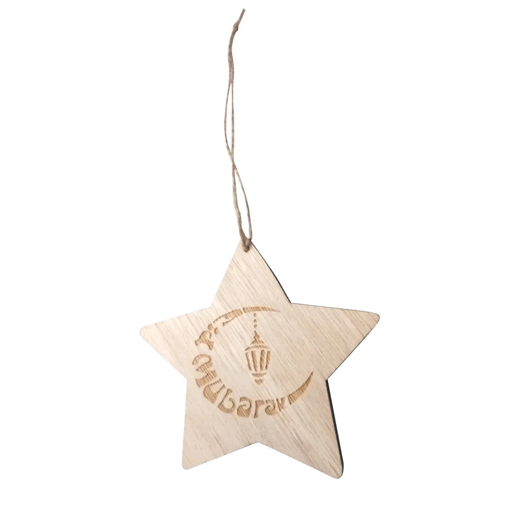 Creative Wooden Stars Carving Pattern Ornament Hanging Pendant for Eid Mubarak Party Supplies Home Decoration Color-C