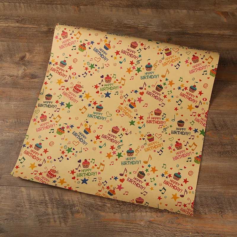 2-pack Happy Birthday Wrapping Paper Thick Kraft Brown Gift Wrapping Paper Flower Snack Wrapping Pap