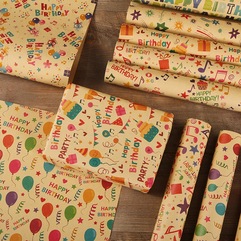 2-pack Happy Birthday Wrapping Paper Thick Kraft Brown Gift Wrapping Paper Flower Snack Wrapping Paper Apricot big image 1