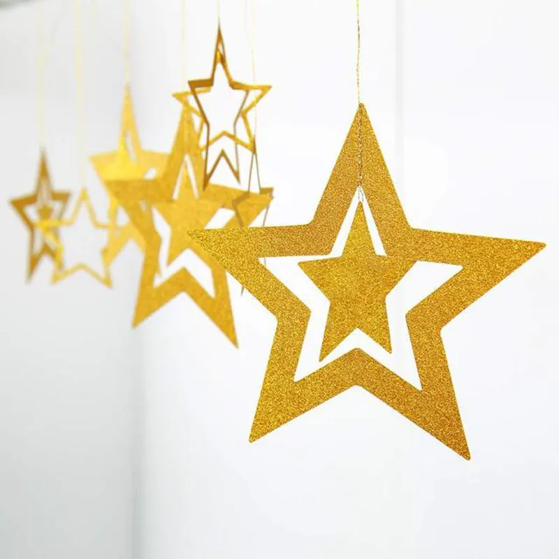 Confezione da 7 stelle cave glitterate ghirlanda di carta stamina decorazione da appendere striscione decorazione sullo sfondo per l'arredamento della festa del festival mubarak eid Oro big image 1