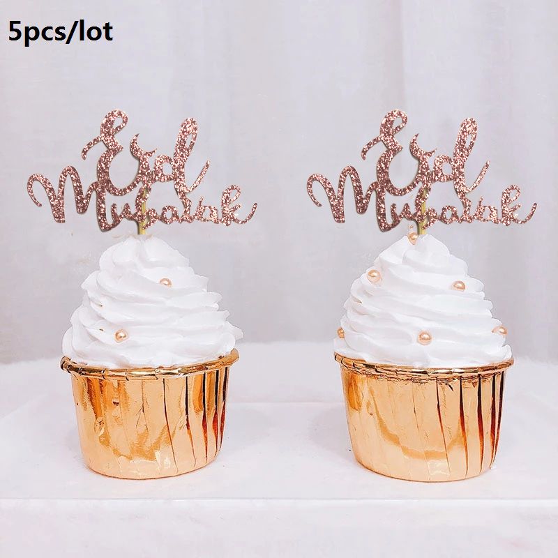 5-pack Glitter Eid Mubarak Cake Topper For Eid Mubarak Baking Cake Fruit Decoration Islamic Party Decoration