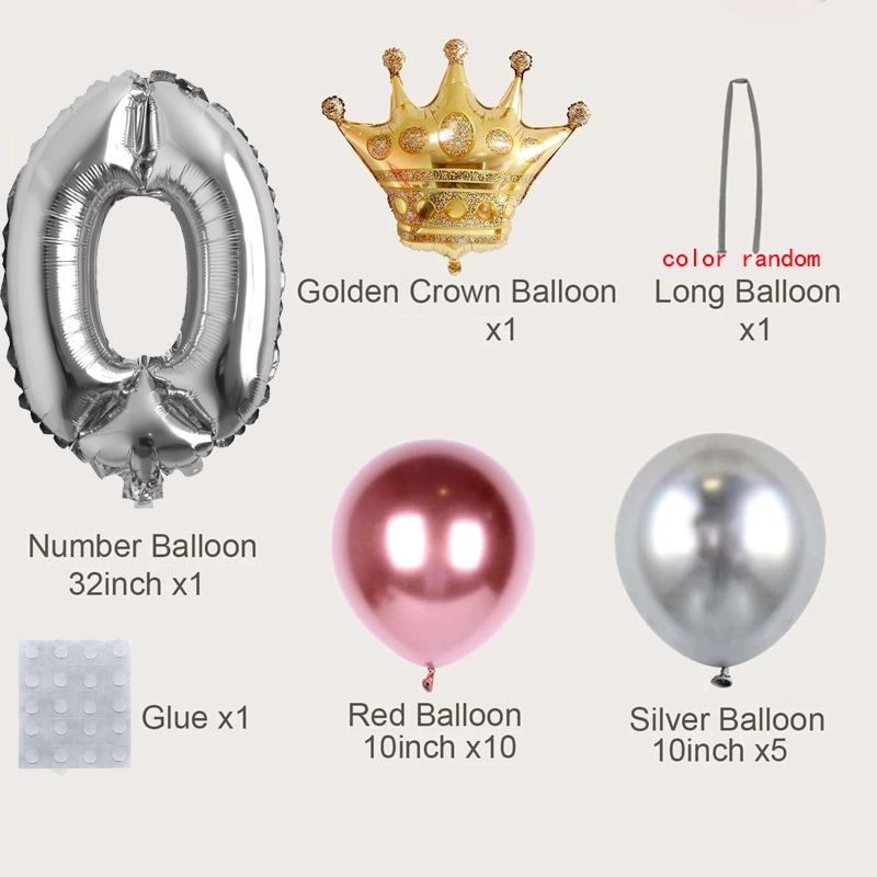 19-pack Numbers Crown Aluminum Foil Balloon and Latex Balloon Set Birthday Party Wedding Column Road