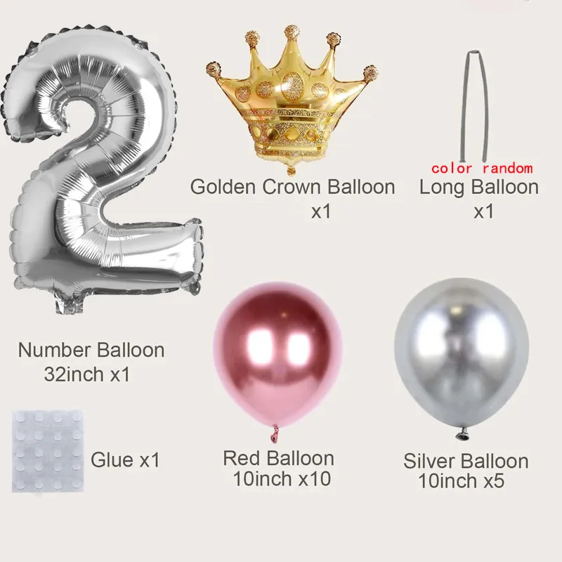 19-pack Numbers Crown Aluminum Foil Balloon and Latex Balloon Set Birthday Party Wedding Column Road Guide Balloon Party Decoration Color block