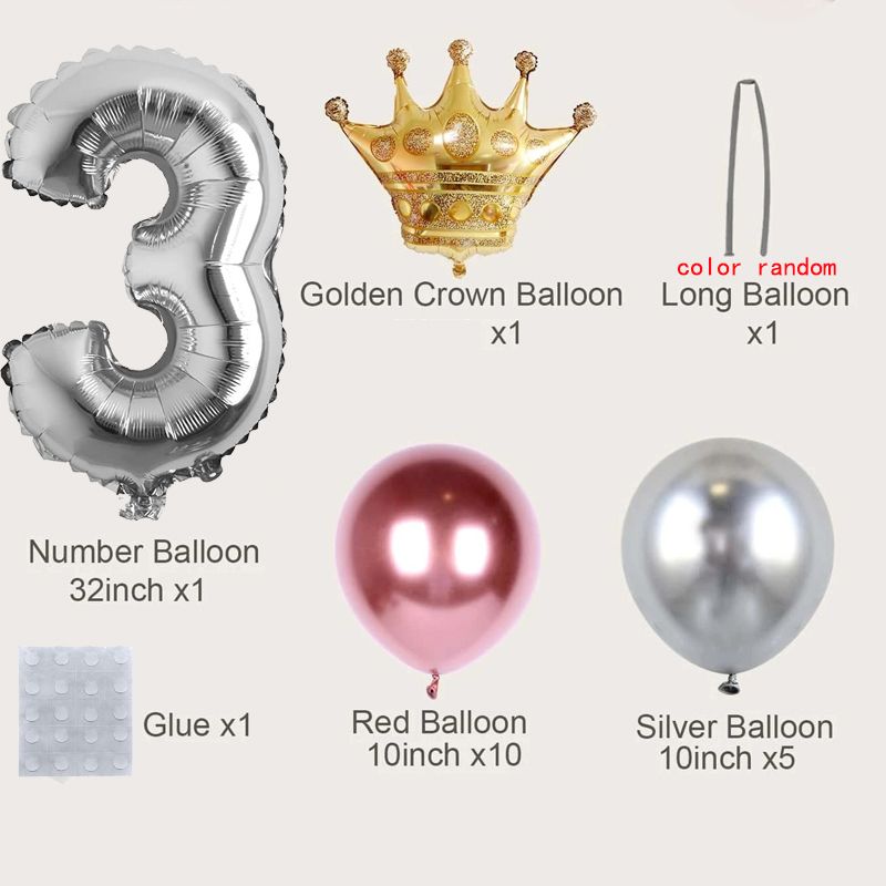19-pack Numbers Crown Aluminum Foil Balloon and Latex Balloon Set Birthday Party Wedding Column Road