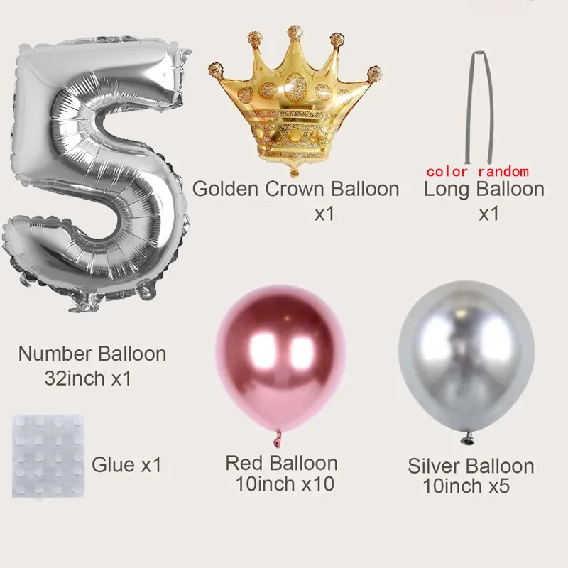 19-pack Numbers Crown Aluminum Foil Balloon and Latex Balloon Set Birthday Party Wedding Column Road Guide Balloon Party Decoration Color-A