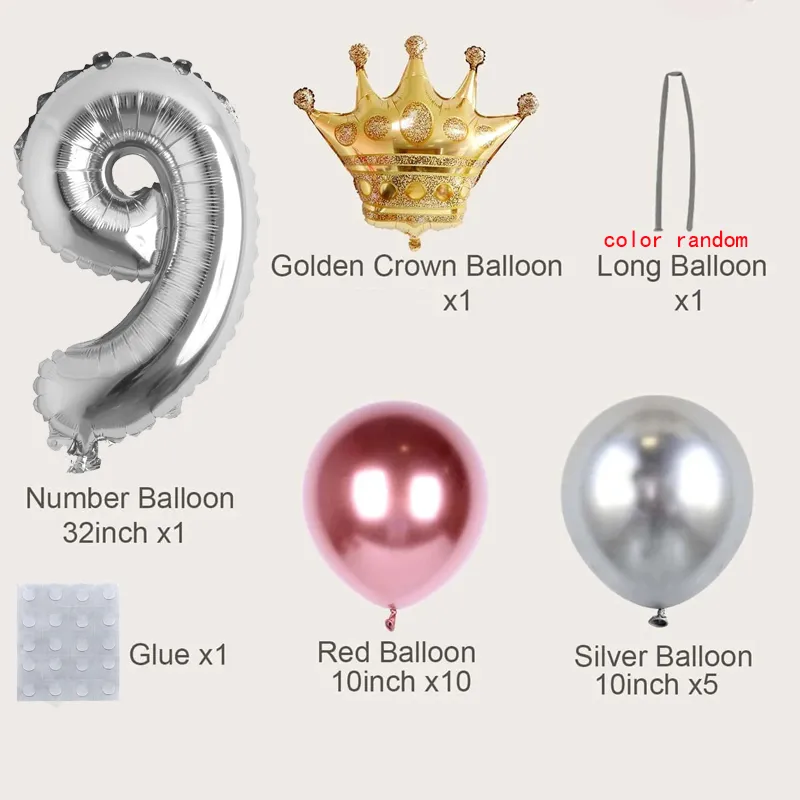 19-pack Numbers Crown Aluminum Foil Balloon and Latex Balloon Set Birthday Party Wedding Column Road Guide Balloon Party Decoration