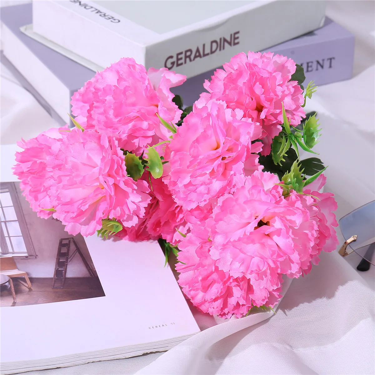 Paquete de 6 ramo de flores artificiales de clavel artificial, decoración de mesa para el hogar, regalo para el día de la madre Rosado big image 1