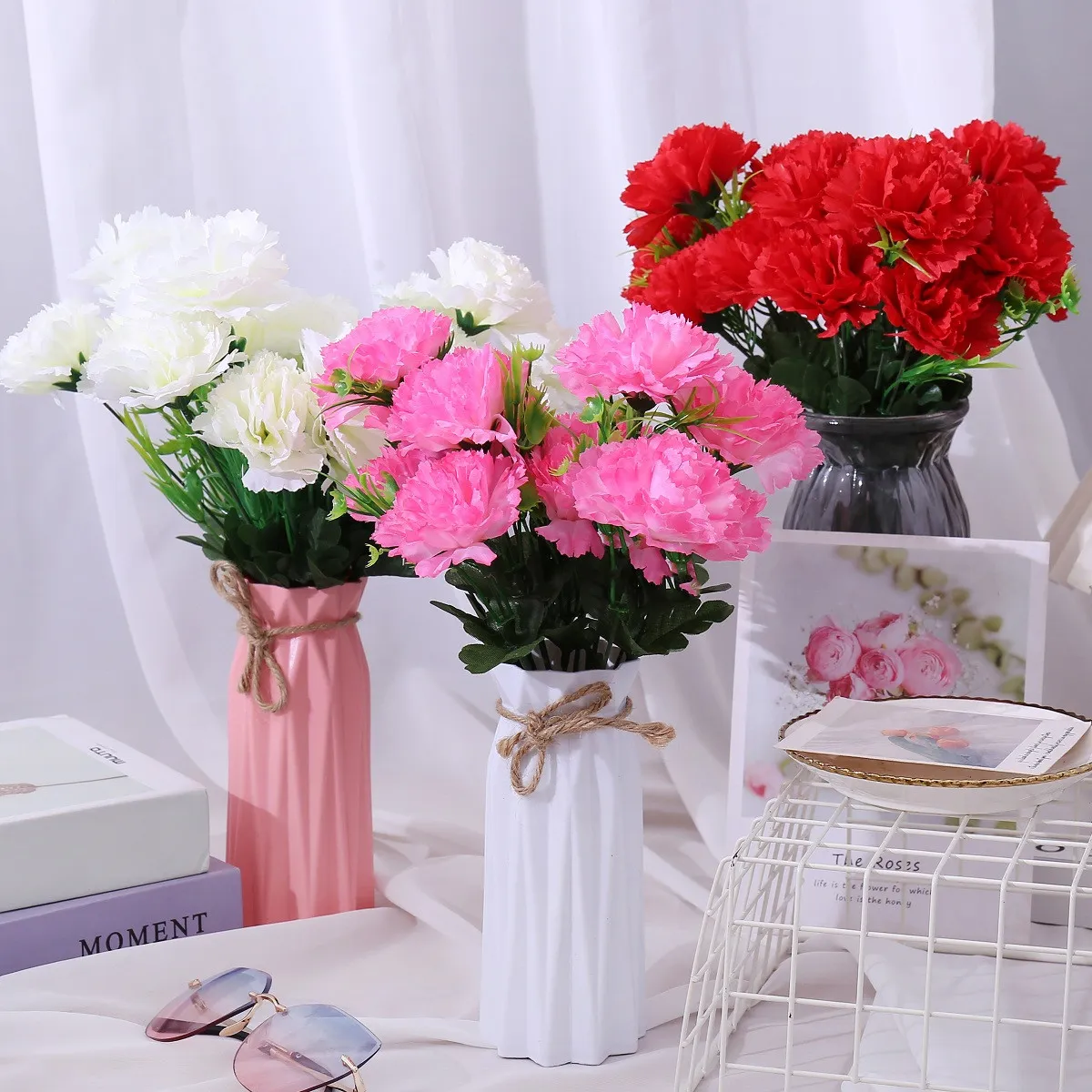 6-pack Artificial Carnation Faux Flowers Bouquet Home Table Decor Mother's Day Gift Pink big image 1