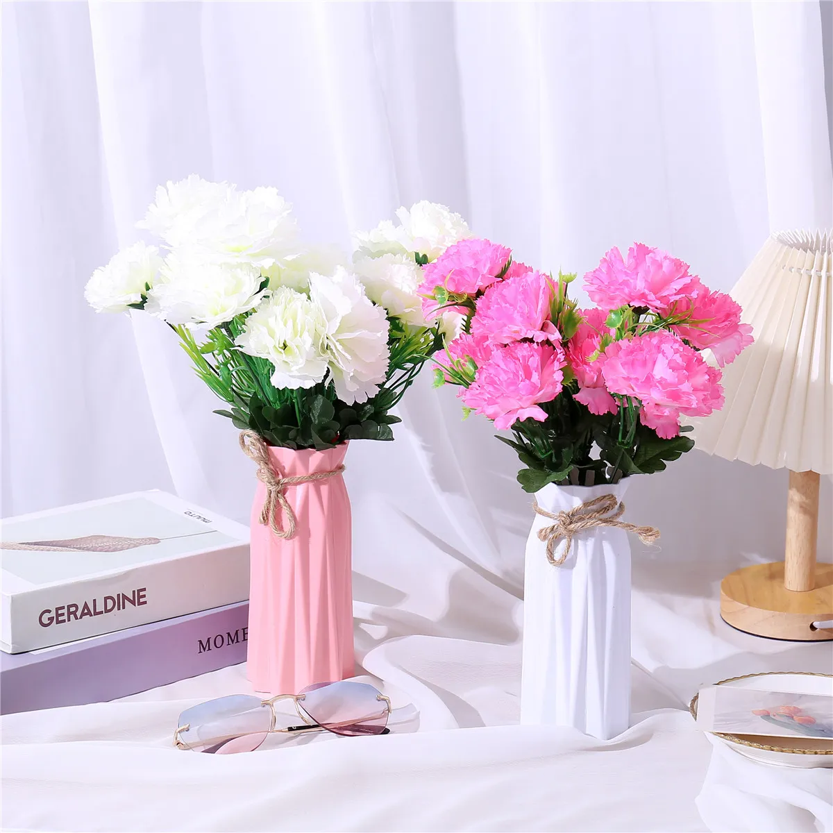 Paquete de 6 ramo de flores artificiales de clavel artificial, decoración de mesa para el hogar, regalo para el día de la madre Rosado big image 1