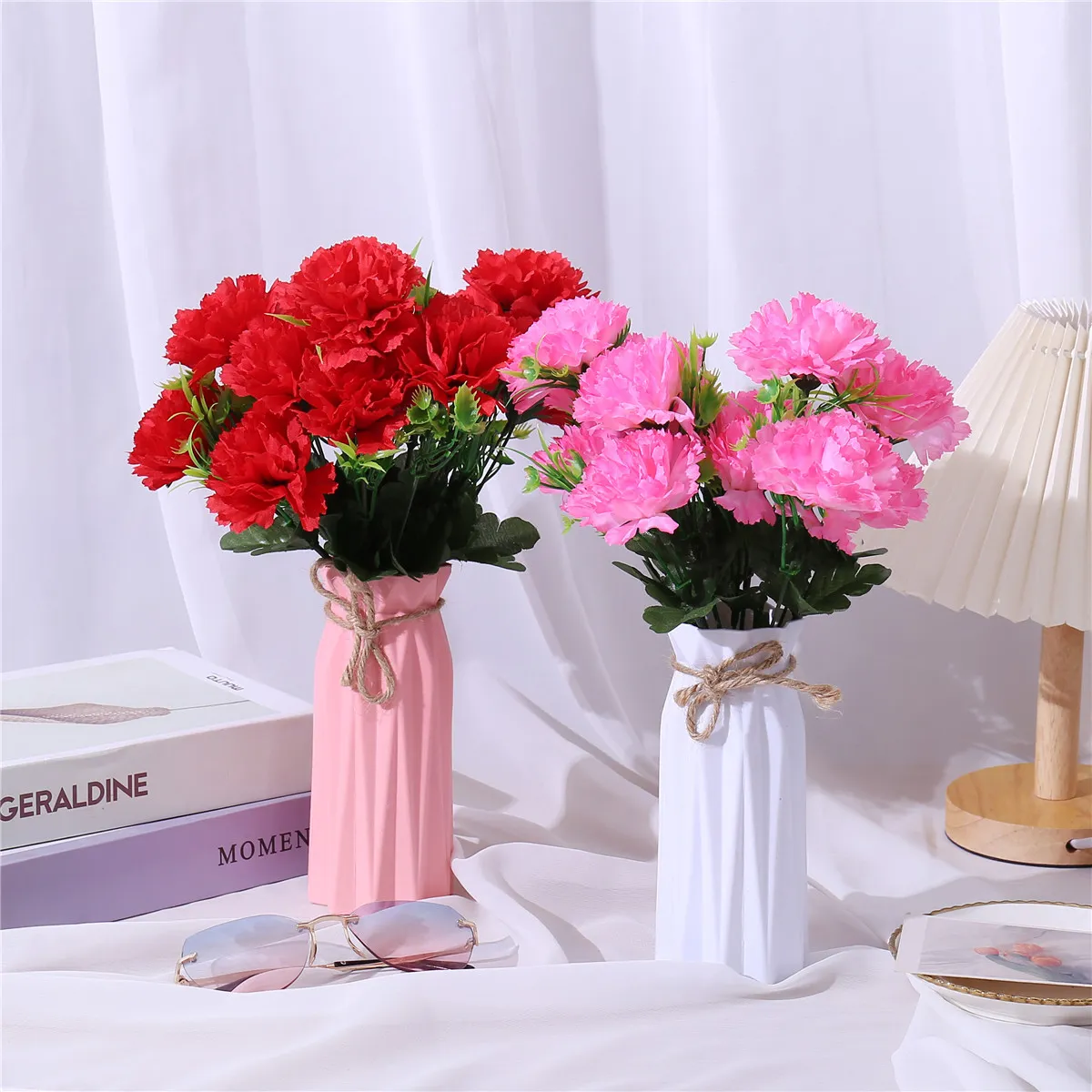 Pacote de 6 cravos artificiais flores artificiais buquê decoração de mesa para casa presente de dia das mães Rosa big image 1