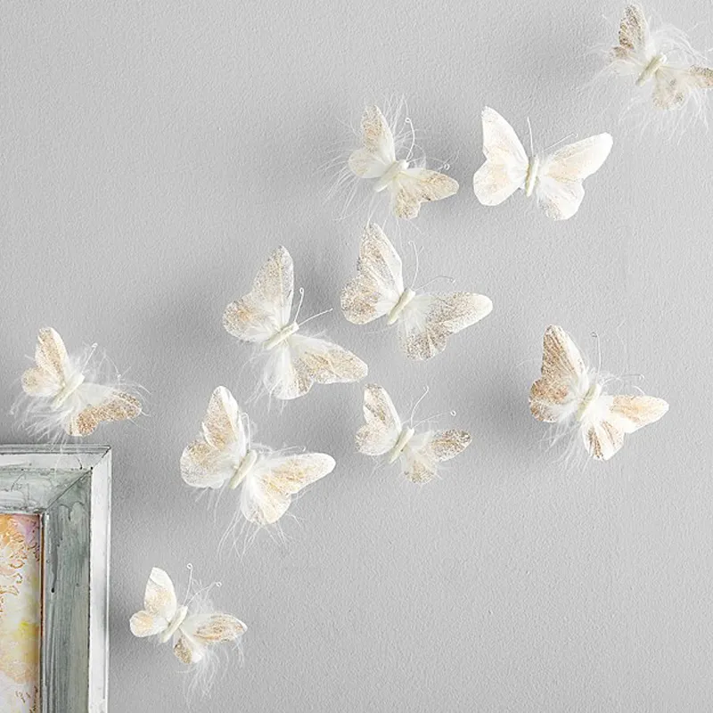 Paquete de 4 calcomanías de pared 3d de plumas para decoración de pared de mariposa hechas a mano para habitación de niñas, dormitorio, hogar, decoración de fondo, pegatinas Blanco big image 1