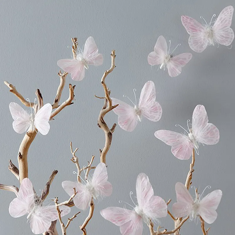 4-pack Handmade Butterfly Wall Decoration Feather 3D Wall Decals for Girls Room Bedroom Home Backdrop Decor Stickers Pink