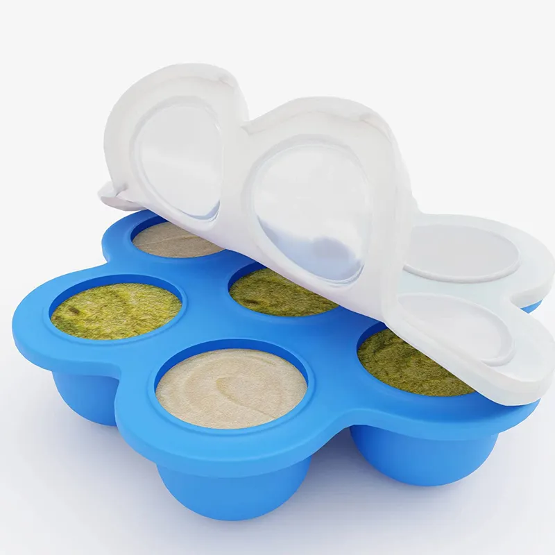 Bandeja de silicona para congelador de alimentos para bebés con tapa Contenedor de almacenamiento de alimentos para bebés de 7 orificios para almacenamiento de leche materna de alimentos para bebés caseros Azul big image 1