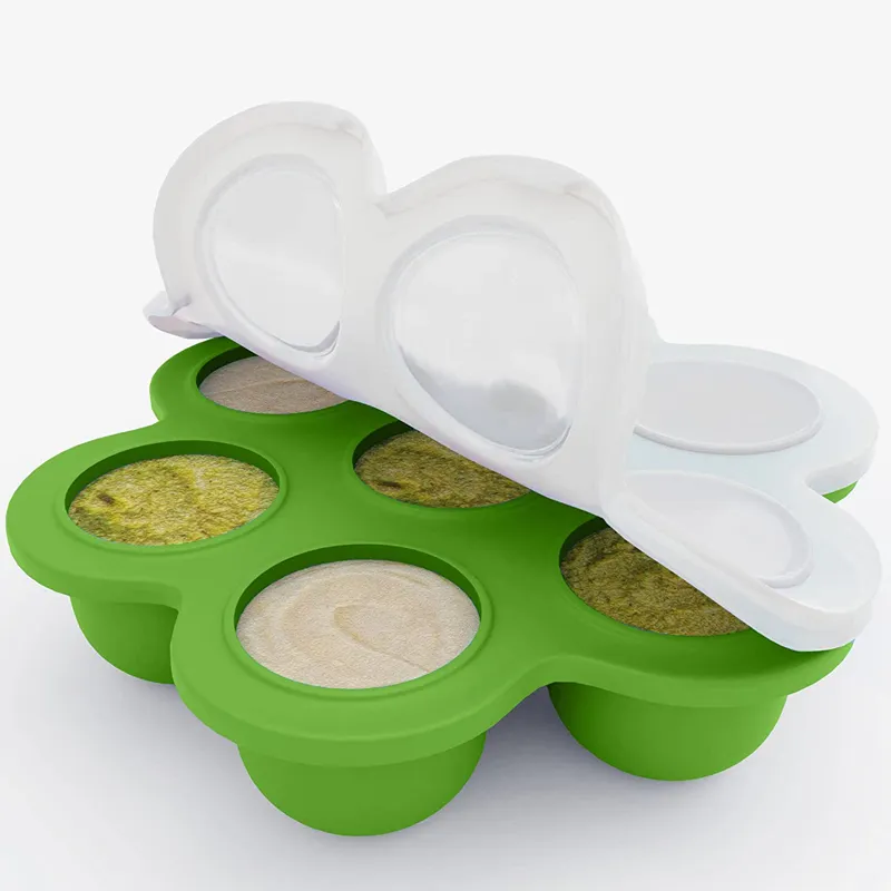 Bandeja de silicona para congelador de alimentos para bebés con tapa Contenedor de almacenamiento de alimentos para bebés de 7 orificios para almacenamiento de leche materna de alimentos para bebés caseros Verde big image 1
