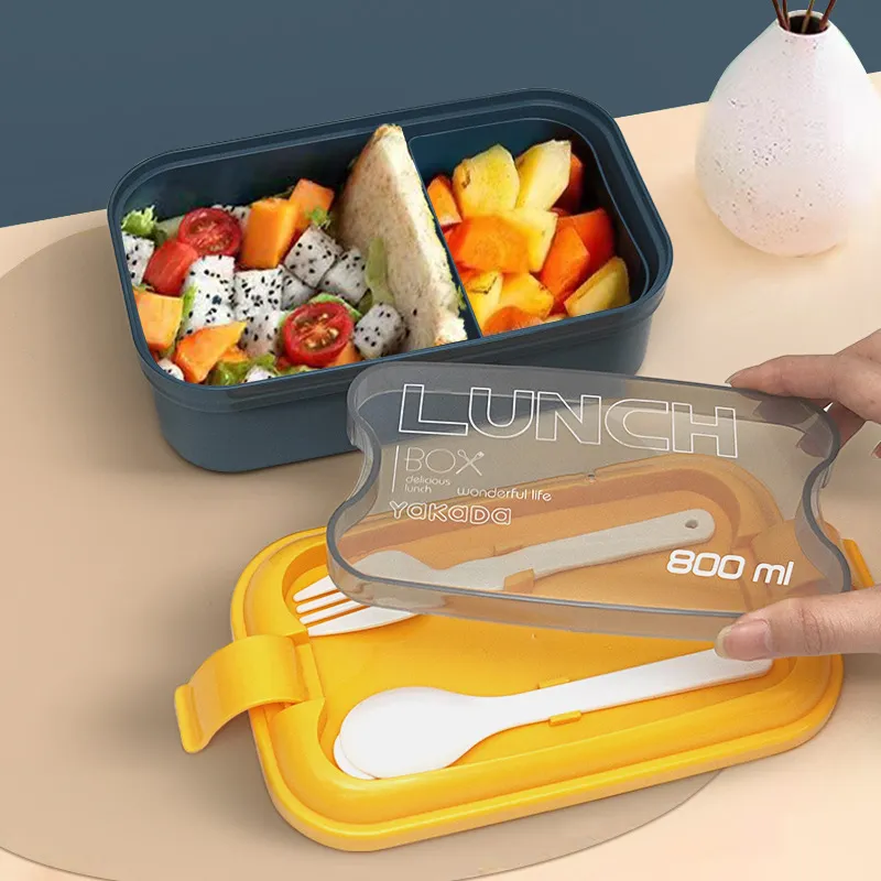 صندوق غداء بينتو مع ملعقة وشوكة بلاستيكي قابل لإعادة الاستخدام مقسم لحفظ الطعام وصناديق تخزين وجبات الطعام للأطفال والكبار أزرق big image 1
