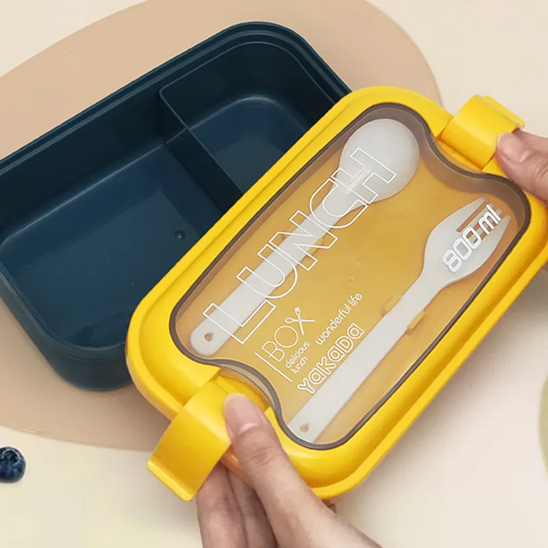 صندوق غداء بينتو مع ملعقة وشوكة بلاستيكي قابل لإعادة الاستخدام مقسم لتخزين الطعام ، صناديق حفظ وجبات الطعام للأطفال والكبار أزرق big image 1