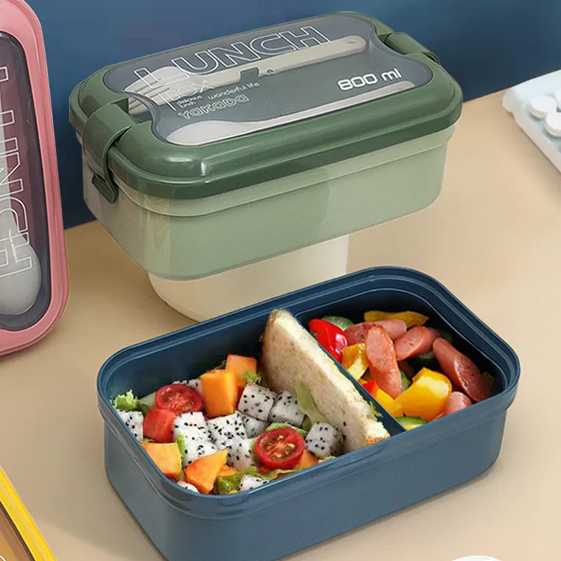 صندوق غداء بينتو مع ملعقة وشوكة بلاستيكي قابل لإعادة الاستخدام مقسم لتخزين الطعام ، صناديق حفظ وجبات الطعام للأطفال والكبار أخضر big image 1