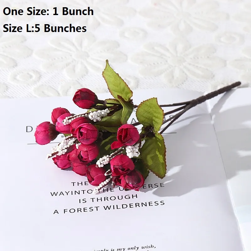 1 Bündel / 5 Bündel Mini-künstliche Rosenblumen gefälschte Rosenknospen-Blumensträuße Blumenhandwerk für Party, Hochzeit, Valentinstag, Heimdekoration Burgundy big image 1