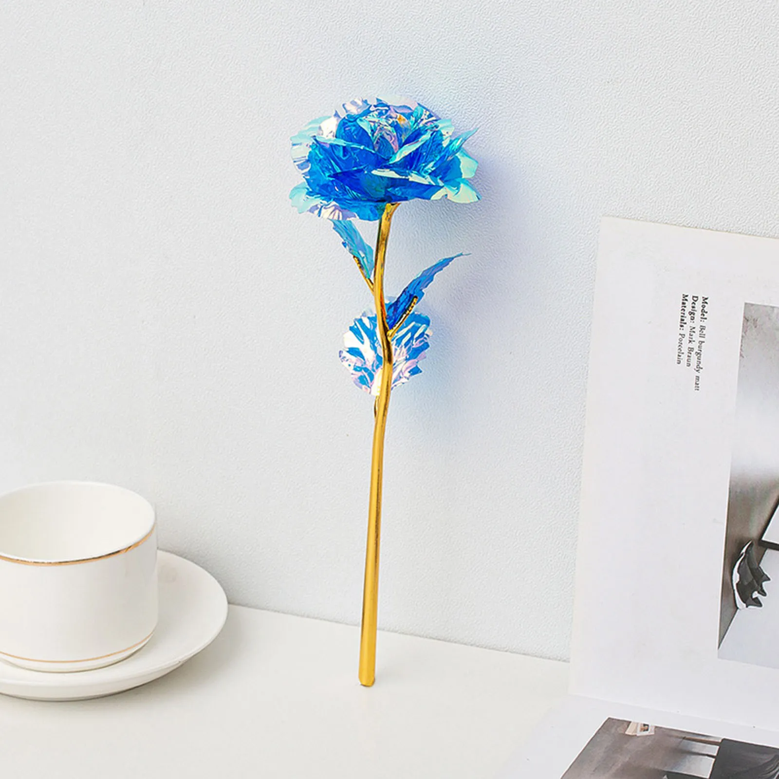 Gold Foil Rose Long Stem Simulation Rose Flower Romantic Gift for Mother's Day Valentine's Day Anniversary Blue