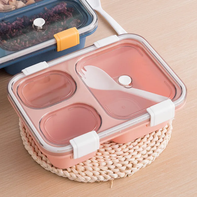 Bento Lunch Box avec cuillère et couvercle Réutilisable en plastique divisé Boîtes de stockage de nourriture Récipients de préparation de repas pour enfants et adultes Rose big image 1