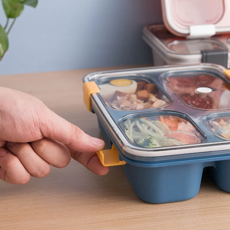 صندوق غداء بينتو مع ملعقة وغطاء قابل لإعادة الاستخدام صناديق حاويات تخزين الطعام البلاستيكية المقسمة حاويات إعداد الوجبات للأطفال والكبار أزرق big image 1
