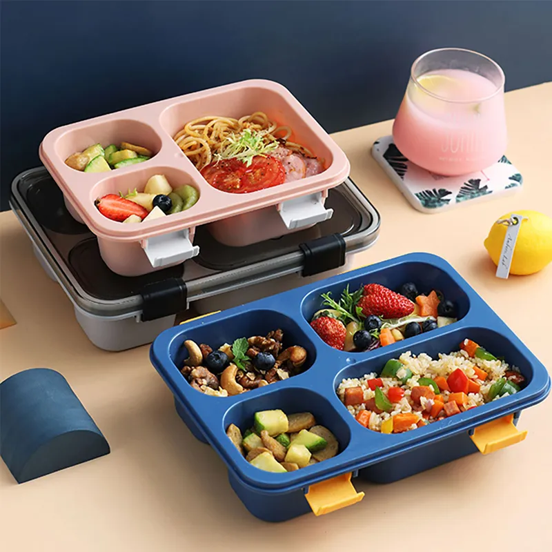 Bento Lunchbox mit Löffel und Deckel Wiederverwendbare Kunststoff geteilte Lebensmittelbehälter Boxen Meal Prep Behälter für Kinder und Erwachsene blau big image 1