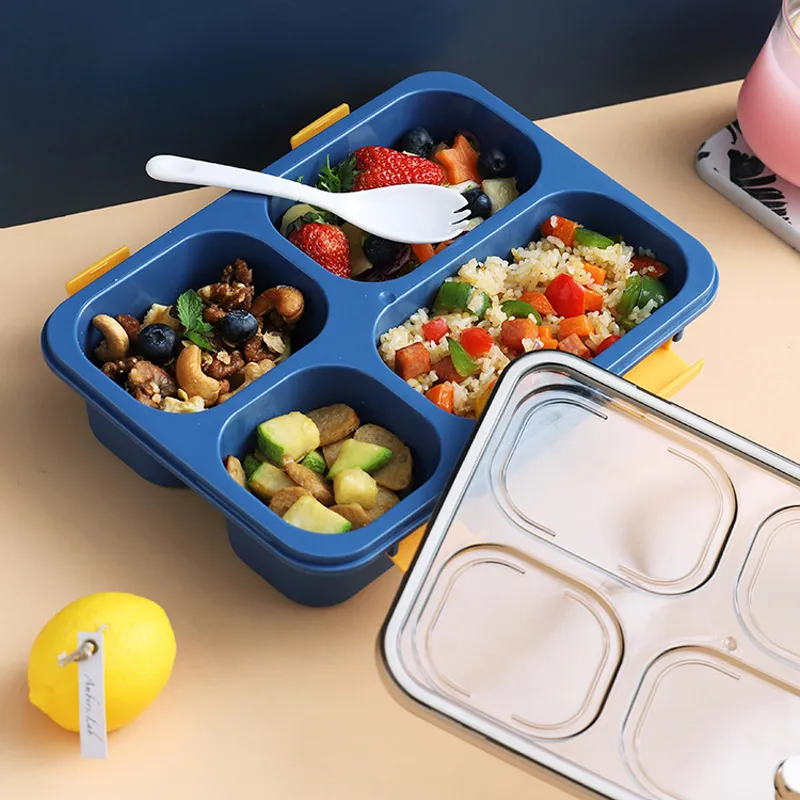 صندوق غداء بينتو مع ملعقة وغطاء قابل لإعادة الاستخدام صناديق حاويات تخزين الطعام البلاستيكية المقسمة حاويات إعداد الوجبات للأطفال والكبار أزرق big image 1