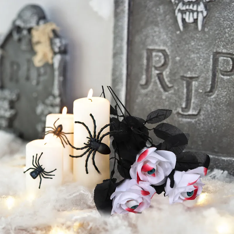5 pacotes de rosas sangrentas artificiais de halloween com globos oculares buquê de flores falsas suprimentos de decoração de festa de halloween Branco image 4
