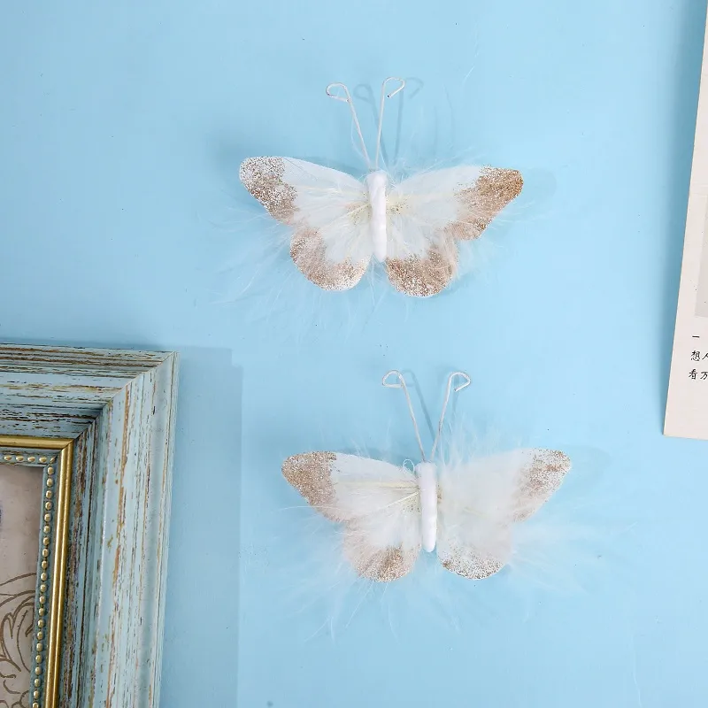Pacote com 4 decalques de decoração de parede de borboleta feitos à mão de penas 3d para quarto de meninas adesivos de decoração de fundo para casa Branco big image 1