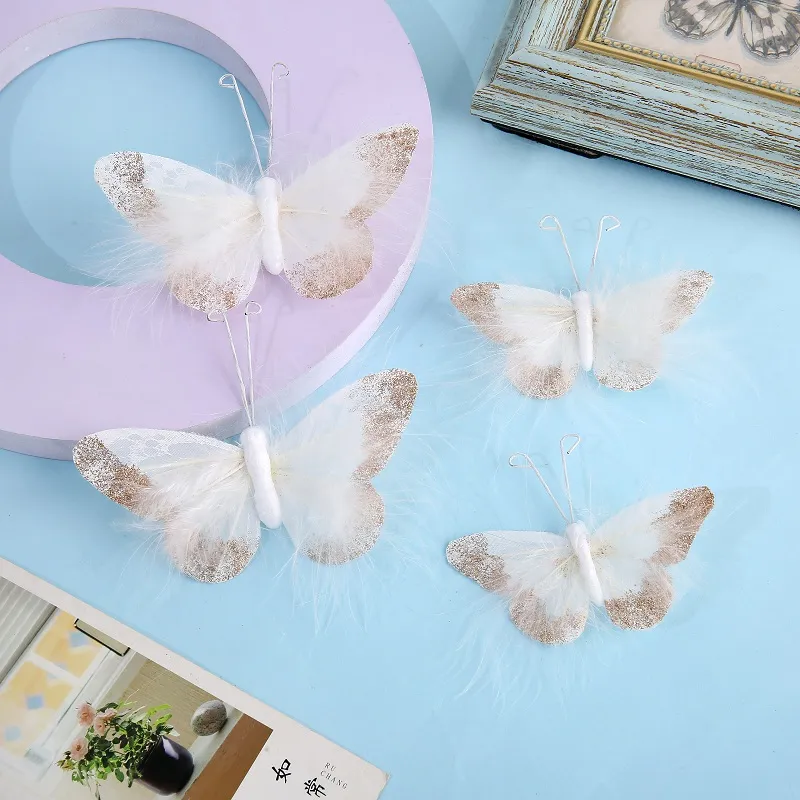 Pacote com 4 decalques de decoração de parede de borboleta feitos à mão de penas 3d para quarto de meninas adesivos de decoração de fundo para casa Branco big image 1