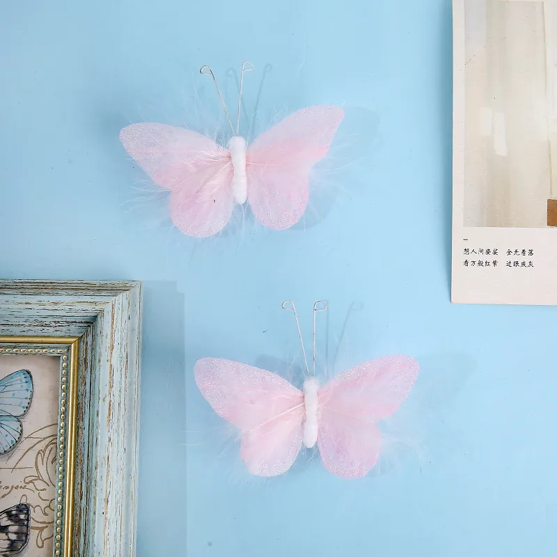 Paquete de 4 calcomanías de pared 3d de plumas para decoración de pared de mariposa hechas a mano para habitación de niñas, dormitorio, hogar, decoración de fondo, pegatinas Rosado big image 1