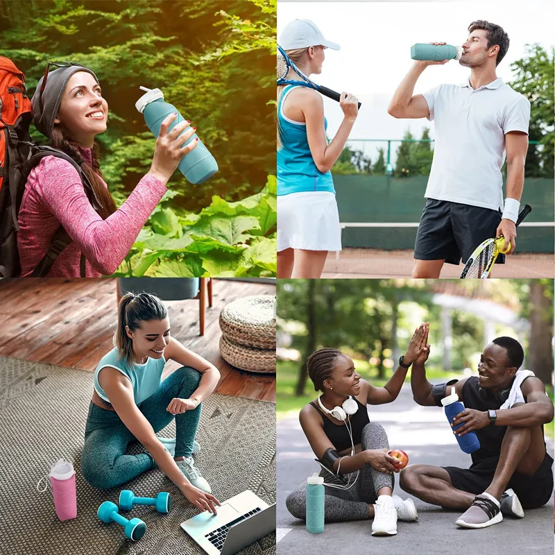 600ML Collapsible Water Bottle Silicone Reusable Foldable Water Bottle for Camping Hiking Travel Gym Sports  image 4