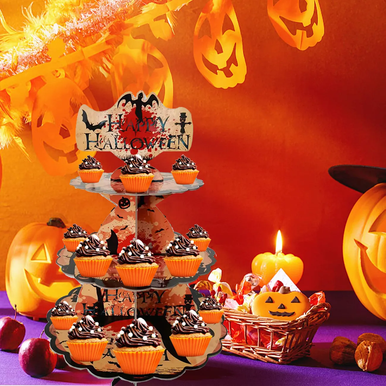 Soporte para cupcakes de Halloween de 3 niveles, soporte para cupcakes de cartón, bandeja para torre de postres Color-A big image 1