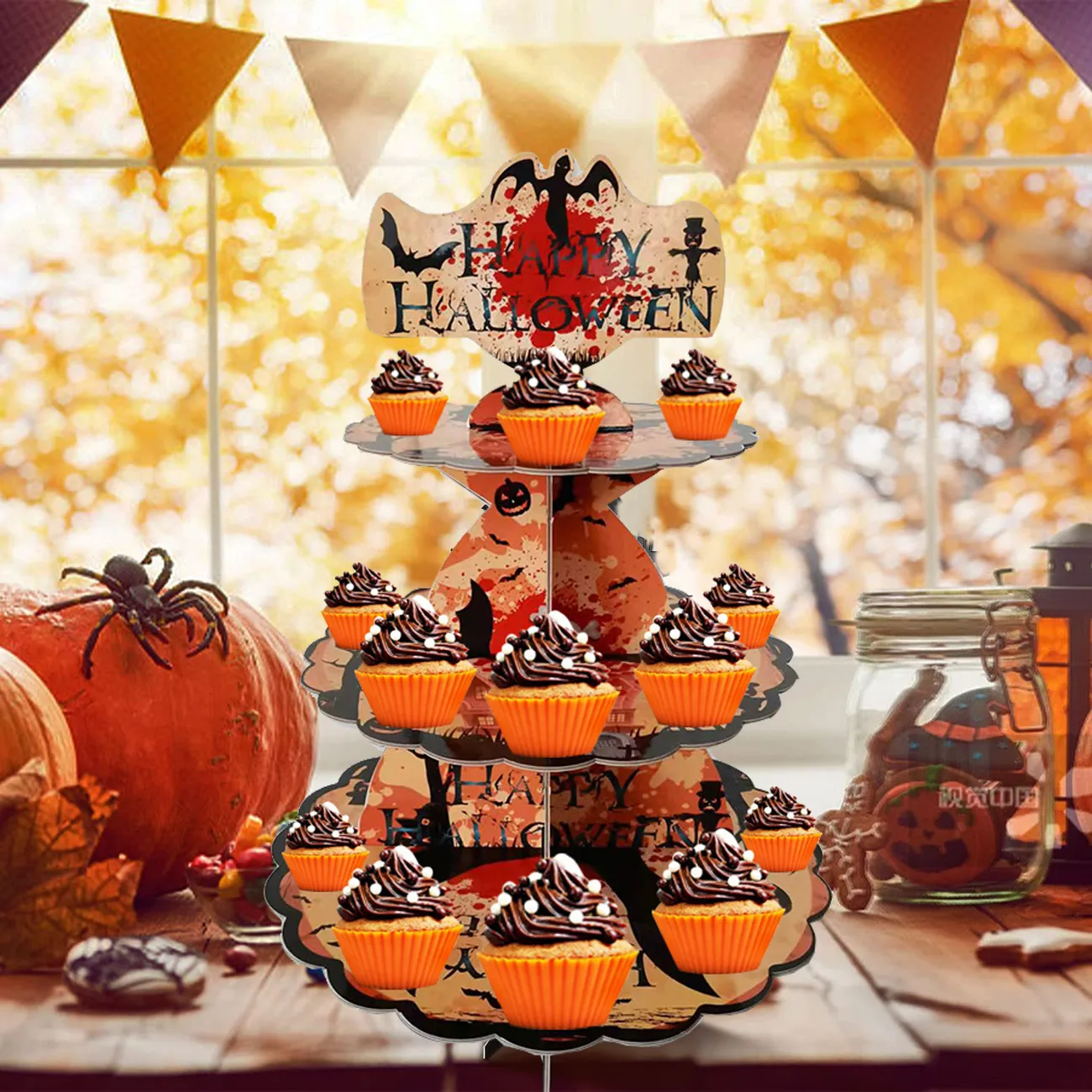 Suporte de cupcake de halloween de 3 camadas suporte de cupcake de papelão bandeja de torre de sobremesa Cor-A big image 1