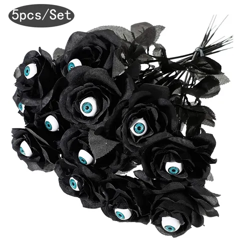 5-pack Halloween Artificial Bloody Roses with Eyeballs Faux Flower Bouquet Halloween Party Decor Supplies