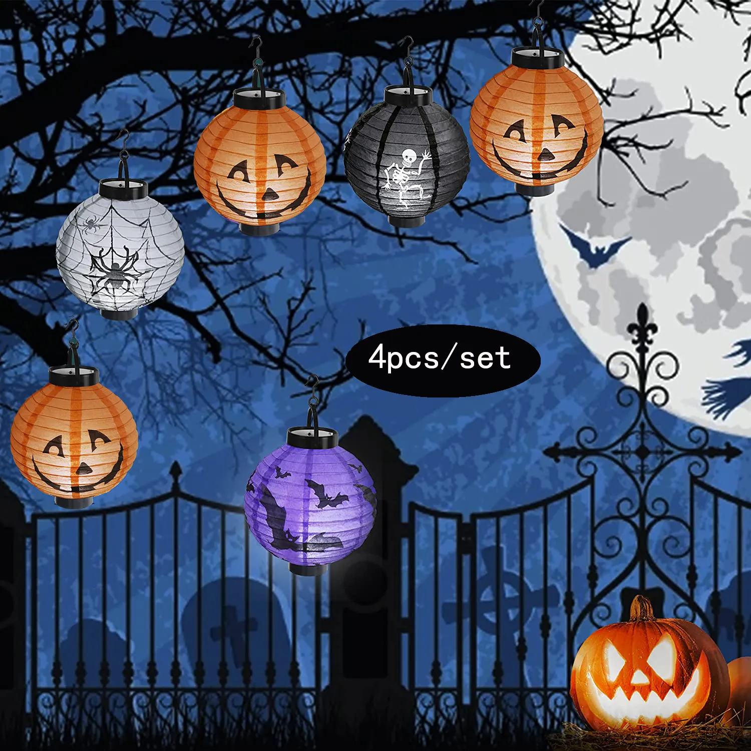 4-pack de lanternas de papel jack-o-lantern de halloween penduradas lanternas de abóbora decoração de halloween