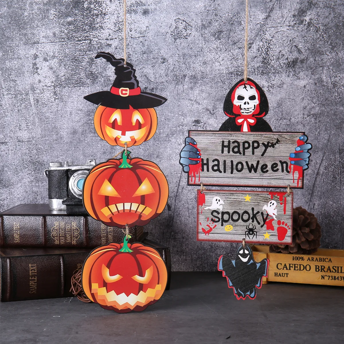 Halloween Wooden Hanging Ornaments Skull Spooky Wood Hanging Signs Party Decoration Supplies