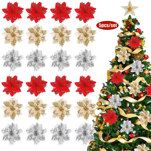 5pcs Christmas Glitter Artificial Flowers Xmas Tree Ornaments Merry Christmas Party Decoration Supplies