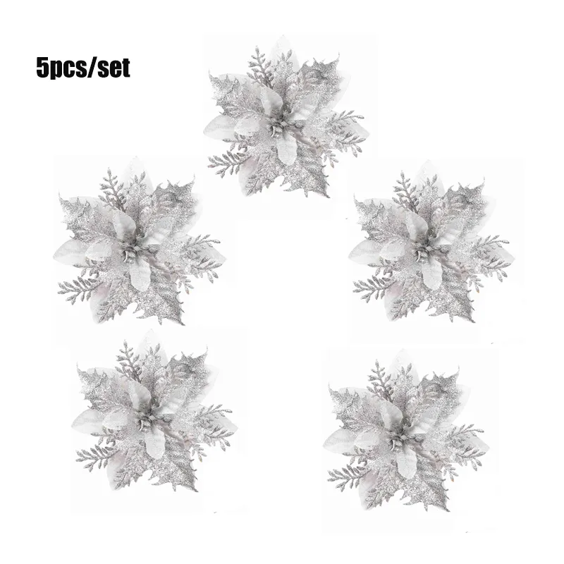 

5pcs Christmas Glitter Artificial Flowers Xmas Tree Ornaments Merry Christmas Party Decoration Supplies