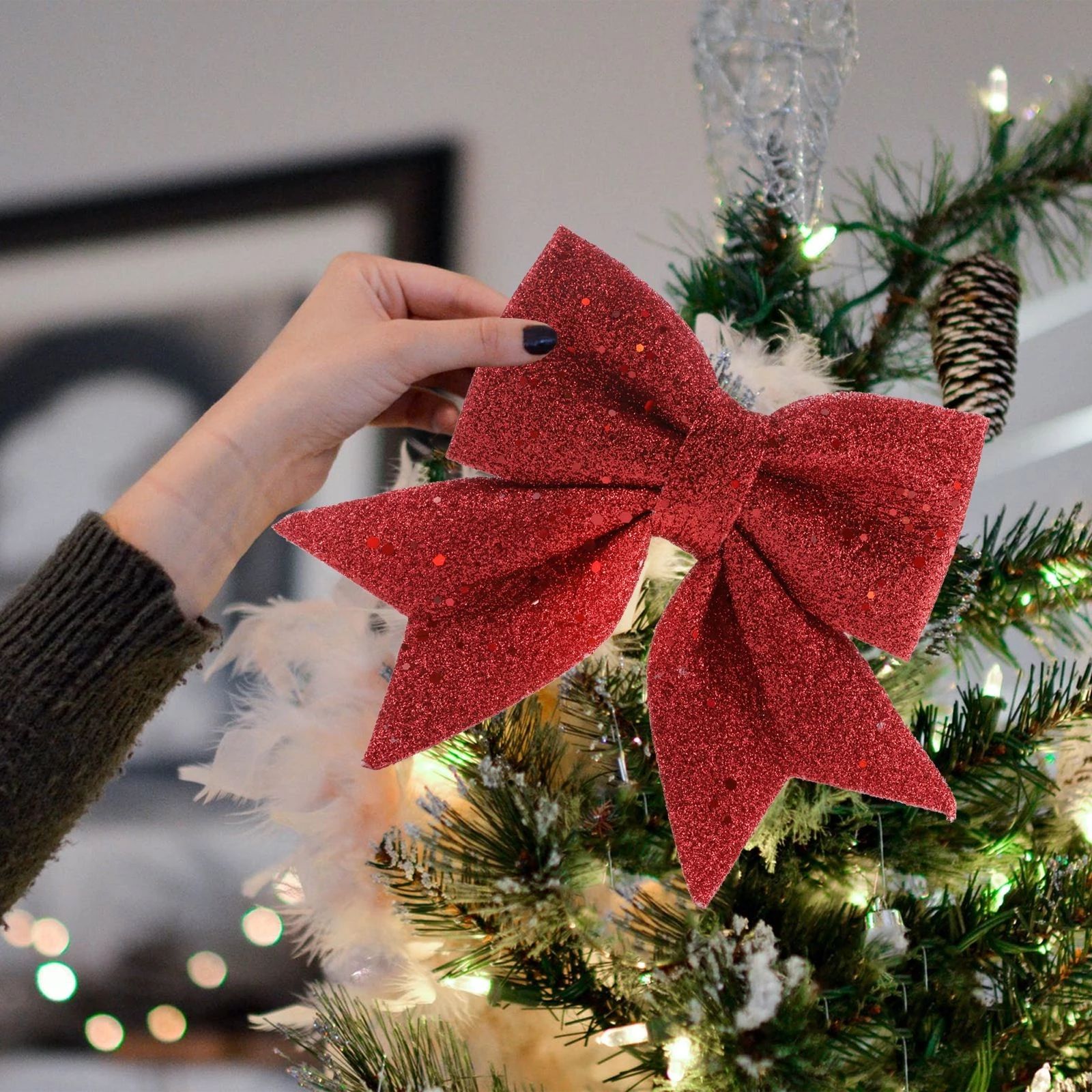 2 件裝聖誕閃光布蝴蝶結聖誕樹懸掛裝飾飾品