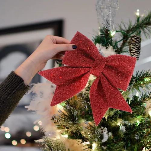 Paquete de 2 adornos de decoración colgantes de árbol de Navidad con lazo de tela brillante de Navidad