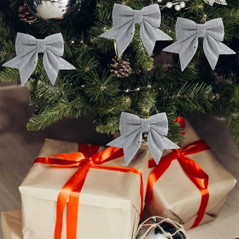 Pacote com 2 laços de pano de glitter de natal enfeites de decoração para pendurar na árvore de natal Prata big image 1