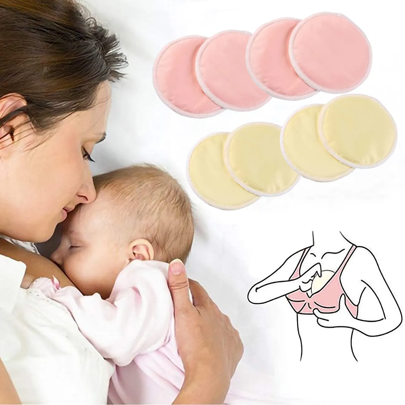 4 件裝可重複使用的哺乳墊超吸水透氣乳頭罩母乳喂養乳墊帶網袋 粉色 big image 1